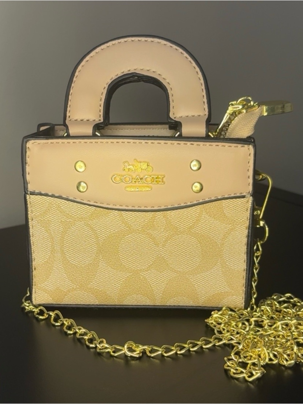 COACH Beige Signature Mini Top-Handle Crossbody with Gold Chain